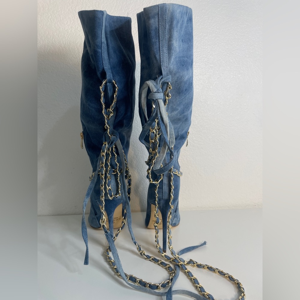 Kardashian Style Denim Slouchy Peep Toe Chain Boots NEVER WORN NWOT - Picture 6 of 10
